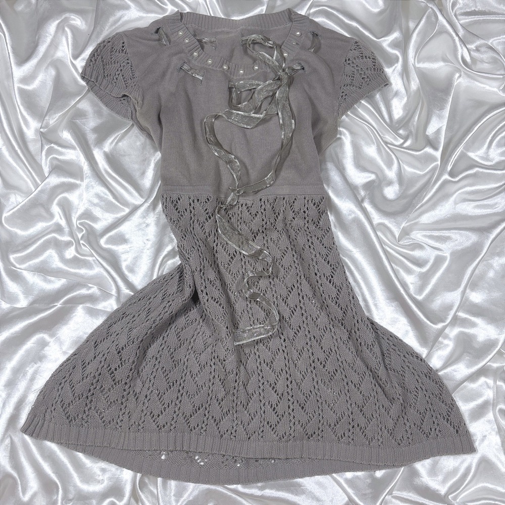 y2k Sweater Dress Grey Excellent Pearl Ribbon Pointelle Knit Mini